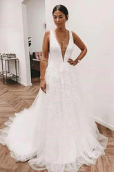 Ivory Tulle Lace Deep V-neck Wedding Dresses With Train, Bridal Gowns
